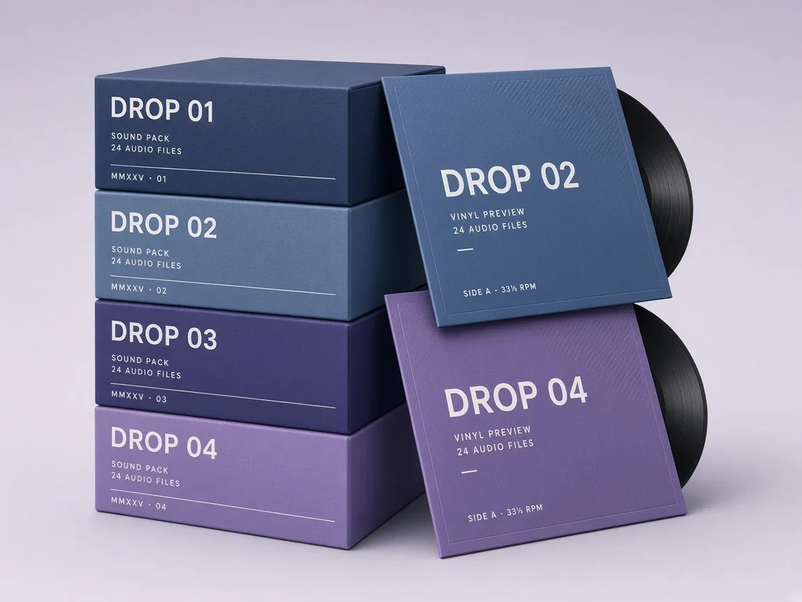 Fictional monthly sound drops shown as a stack of boxes and vinyl sleeves labeled Drop 01 to Drop 04 in blue-to-violet tones