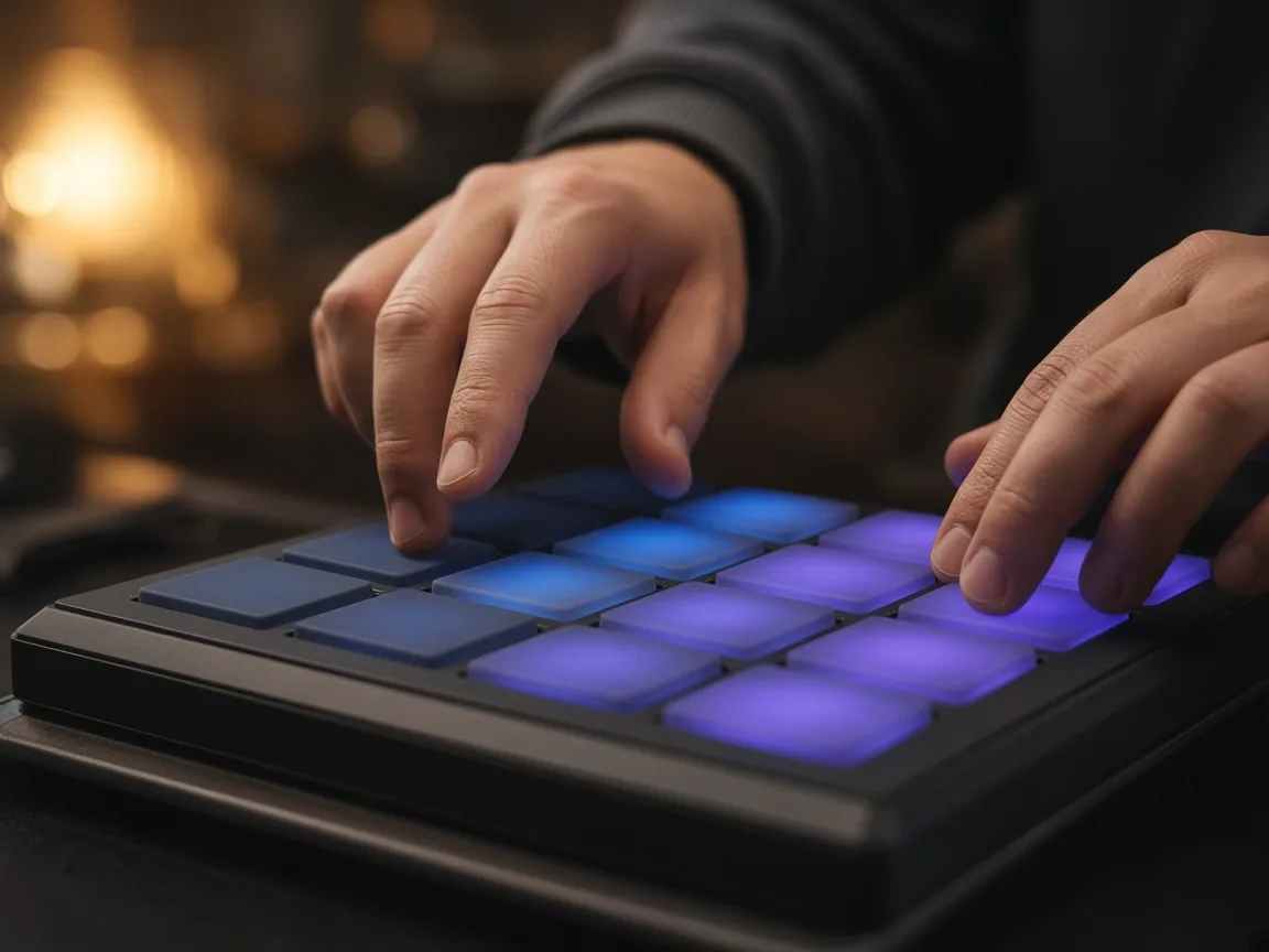 Close-up of a producer's hands tapping glowing blue and violet pads on a drum machine
