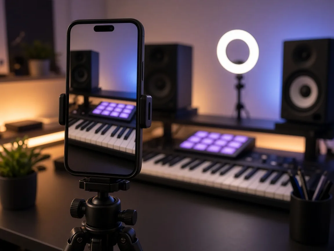 A smartphone on a tripod filming a home studio desk with a MIDI keyboard, drum pads and a ring light