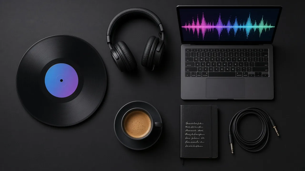 Top-down flat lay of a vinyl record with a blue-violet label, studio headphones, a laptop with a colorful waveform, coffee and a cable
