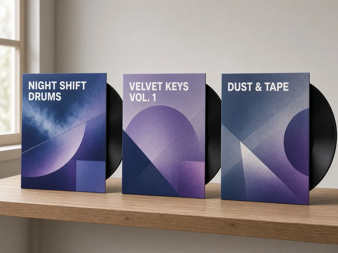 Three fictional sample pack covers presented as vinyl record sleeves on a wooden shelf: Night Shift Drums, Velvet Keys Vol. 1 and Dust and Tape