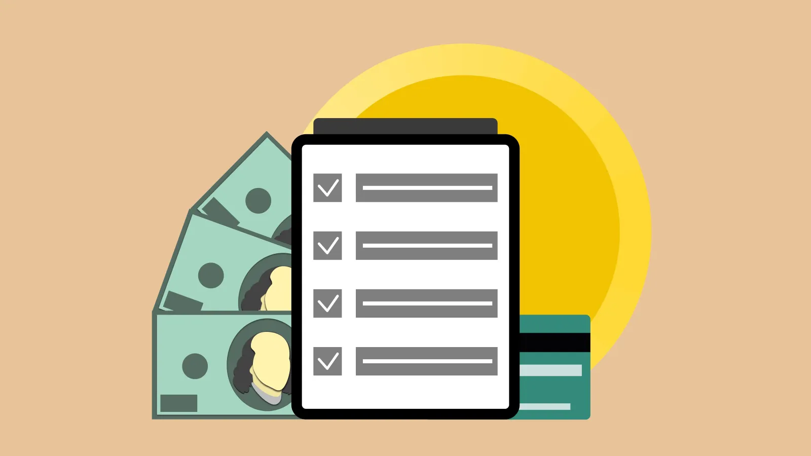 Budget tracker illustration with checklist, cash, and a credit card for selling spreadsheet templates