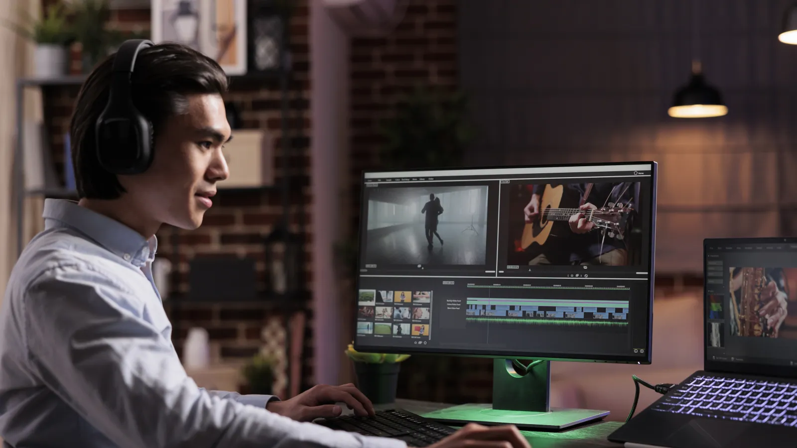 Male freelancer editing video footage on desktop and laptop for CapCut and Reels templates