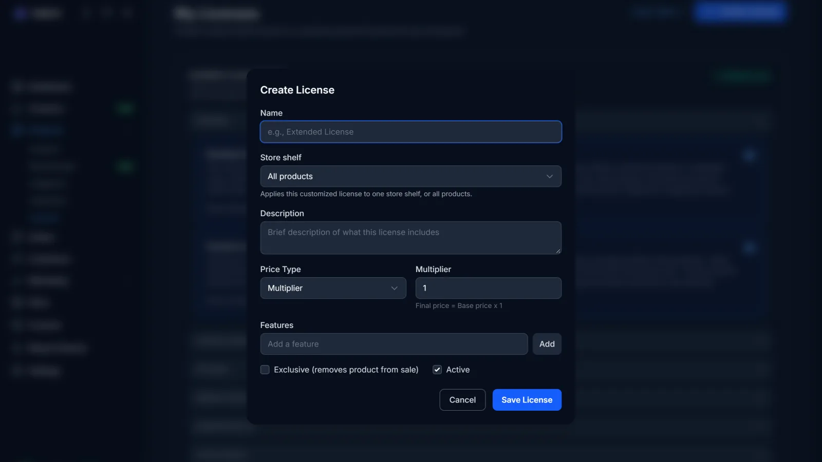 Roqstar Create License modal with name, description, pricing, features, and exclusive option