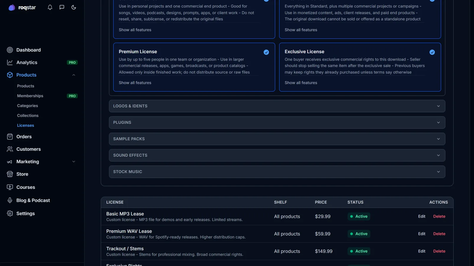 Roqstar My Licenses page showing Basic MP3, Premium WAV, Trackout, and Exclusive license tiers with prices