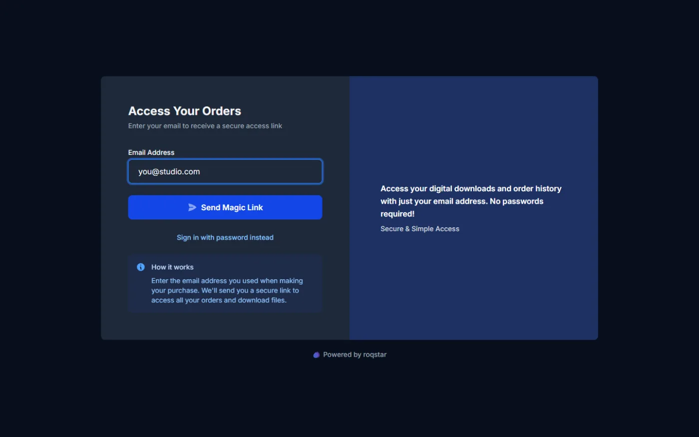 Customer portal magic-link access screen