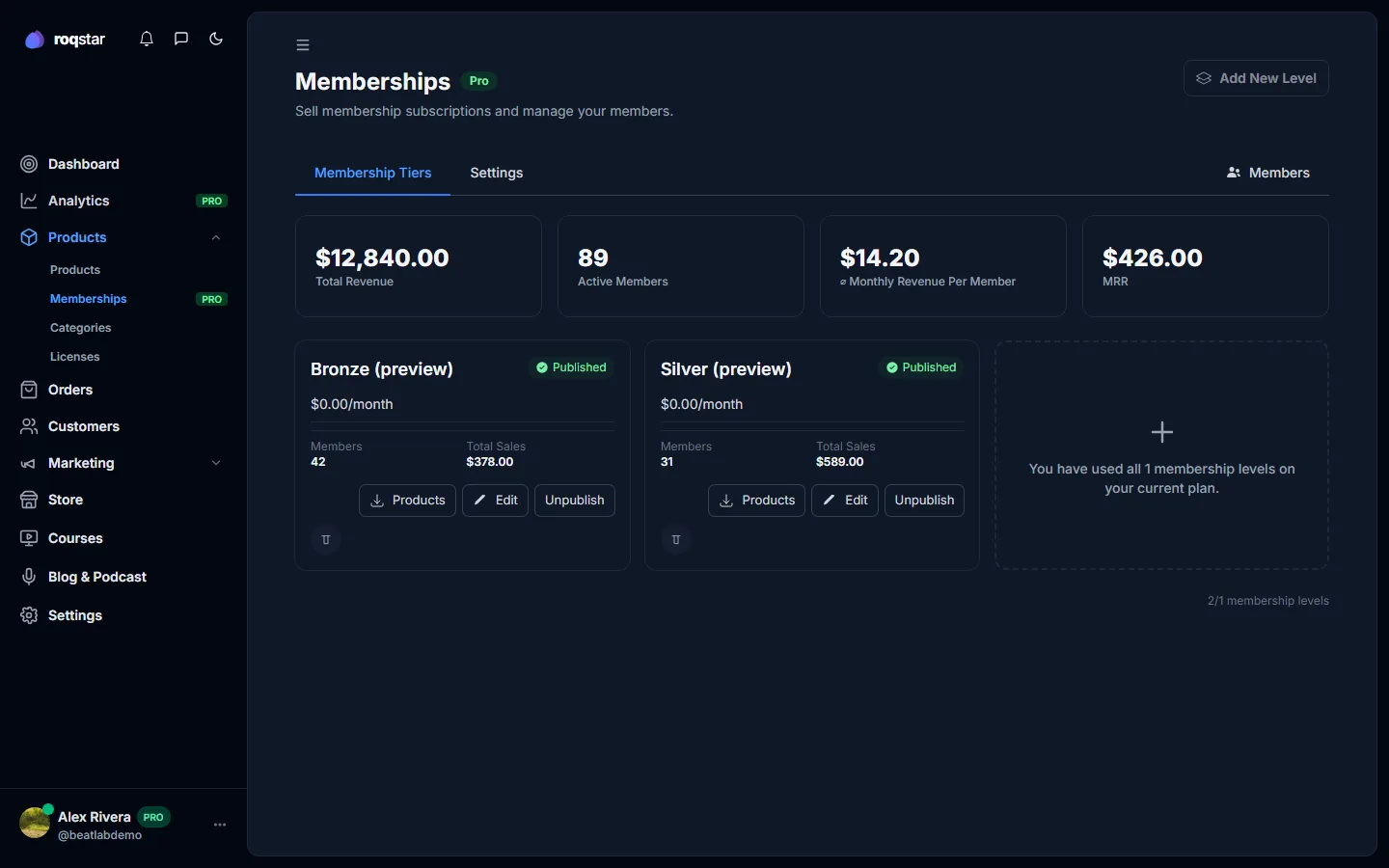 Roqstar seller Memberships page with tiers and recurring revenue