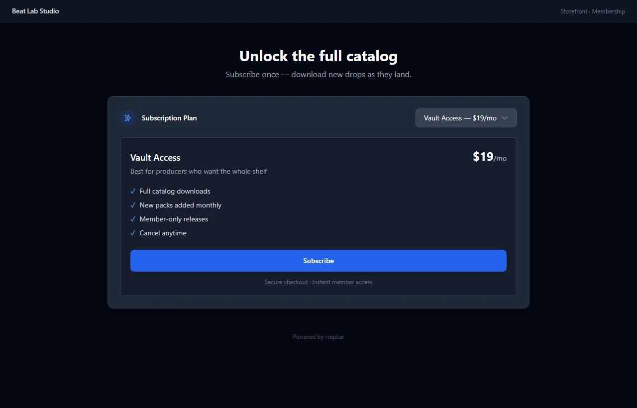 Storefront subscription plan with Subscribe button for vault access
