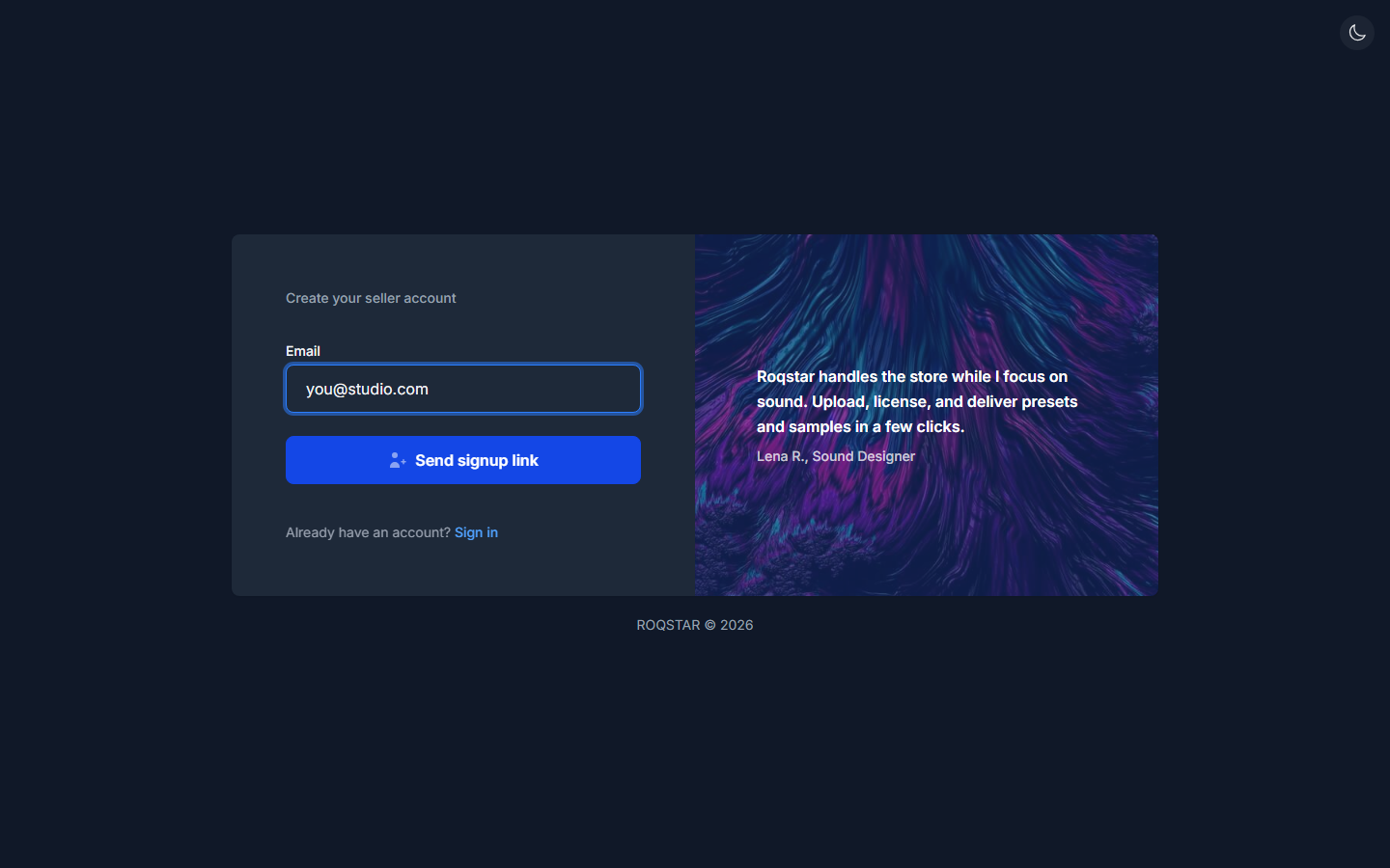 Register page with email field and Send signup link button.