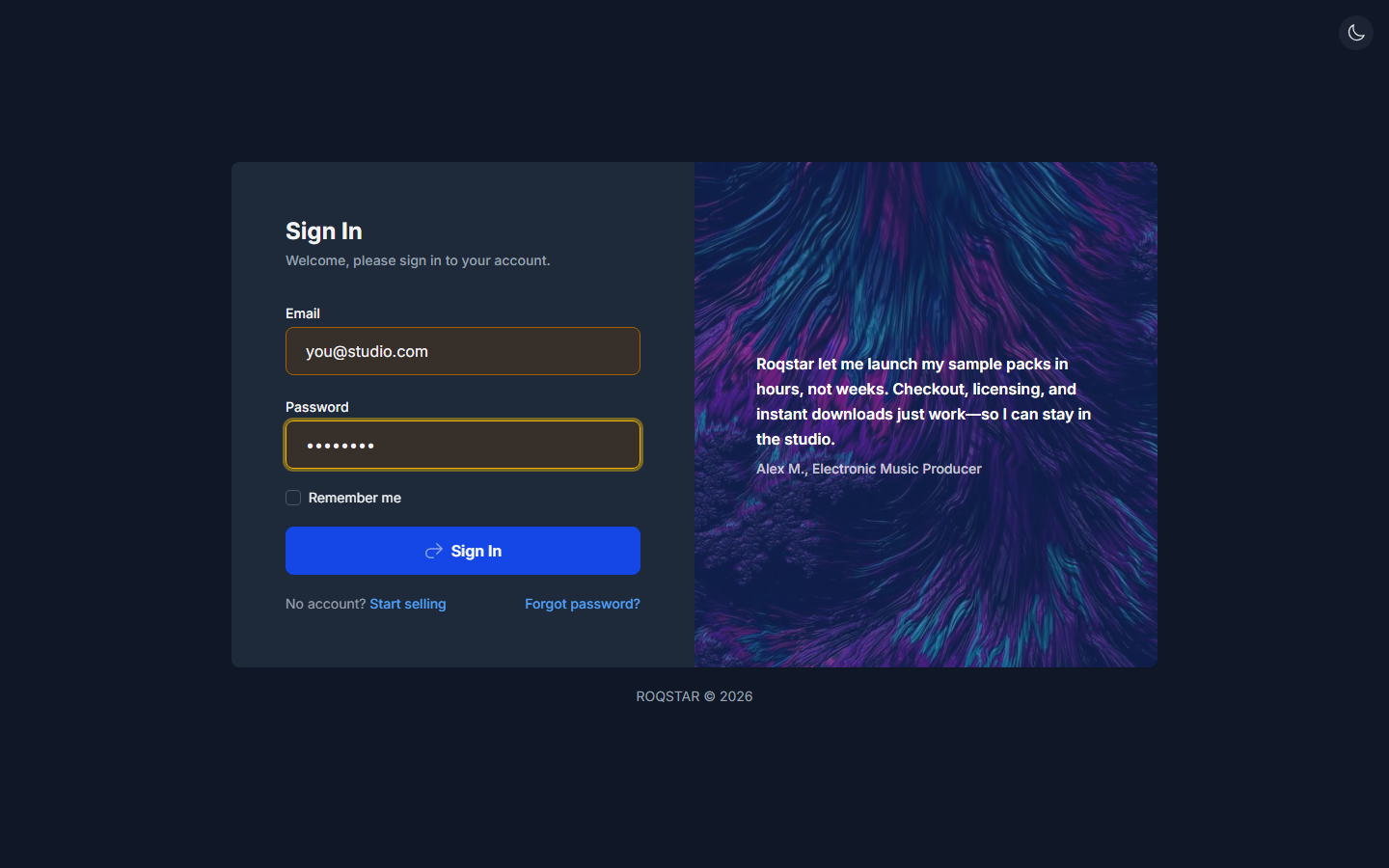 Login page with email, password, Remember me, and Forgot password link.