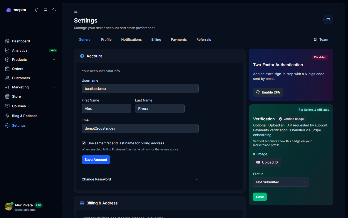 Settings General with Two-Factor Authentication card and Enable 2FA button.