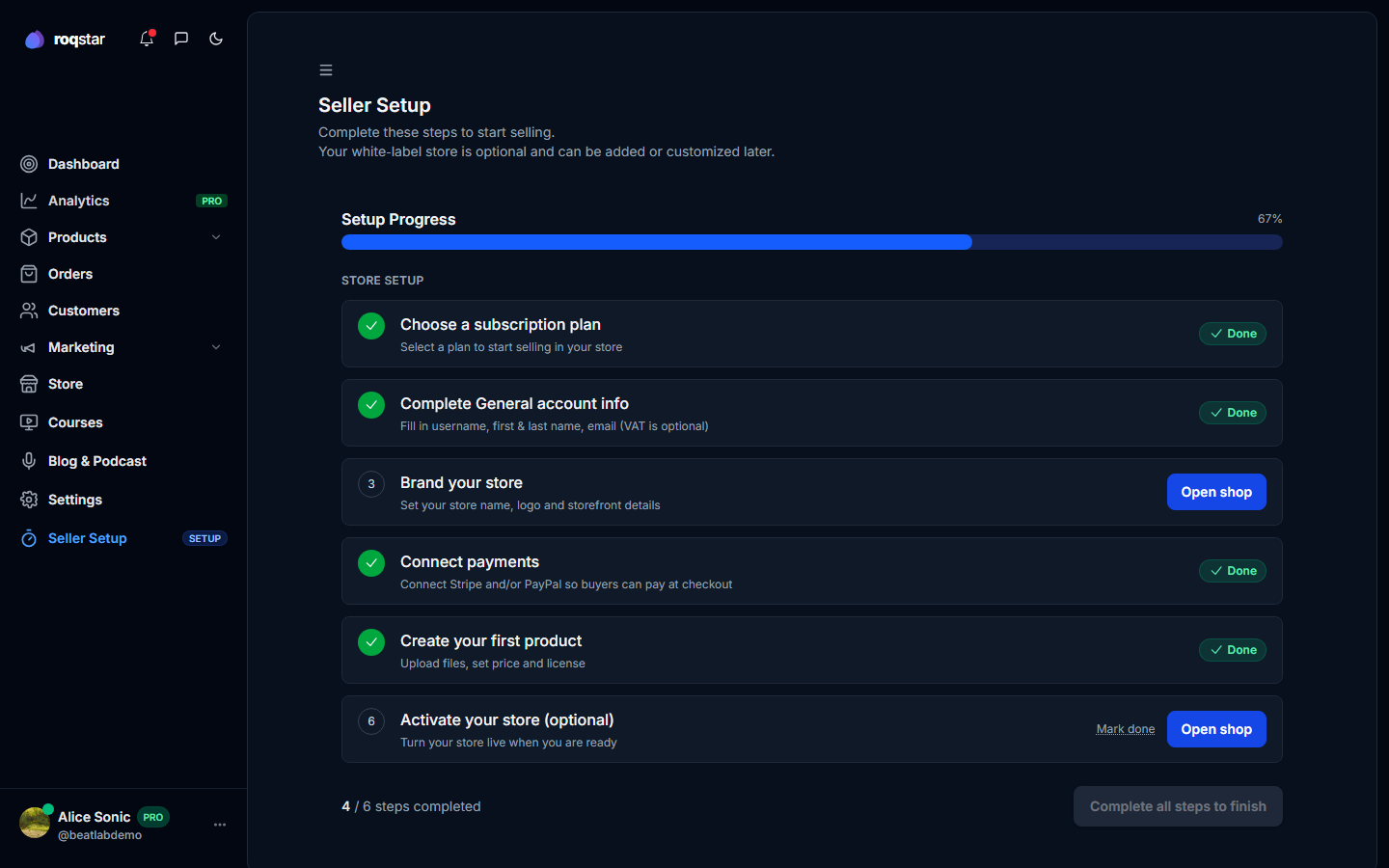 Setup checklist with progress bar and step list.