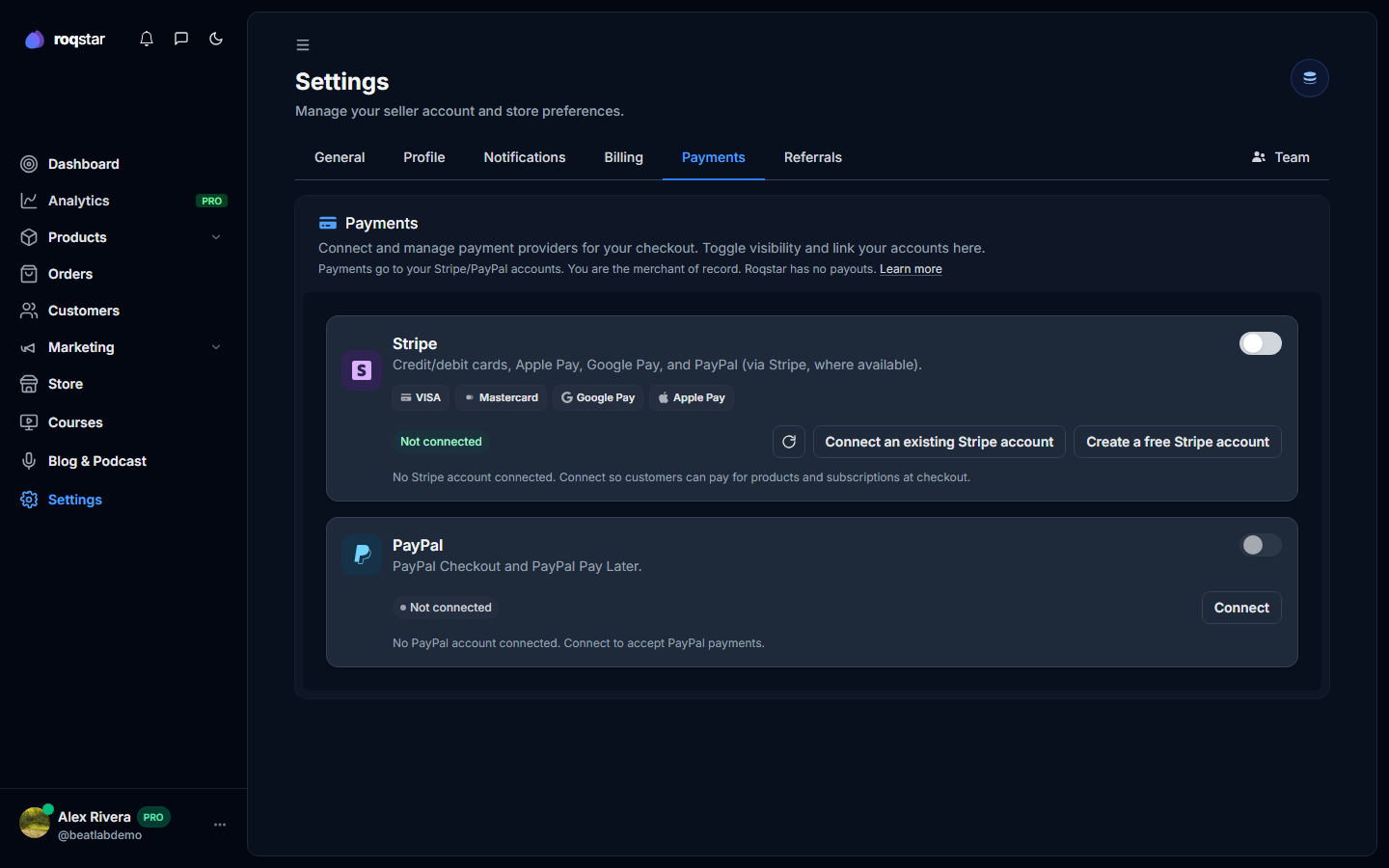 Settings Payments tab with Stripe and PayPal cards.