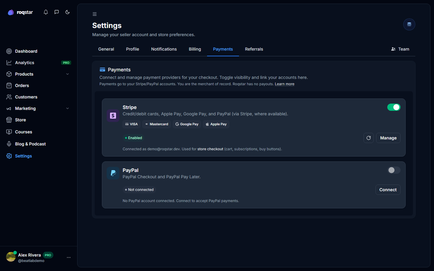 Settings Payments tab used to check Stripe connection status.