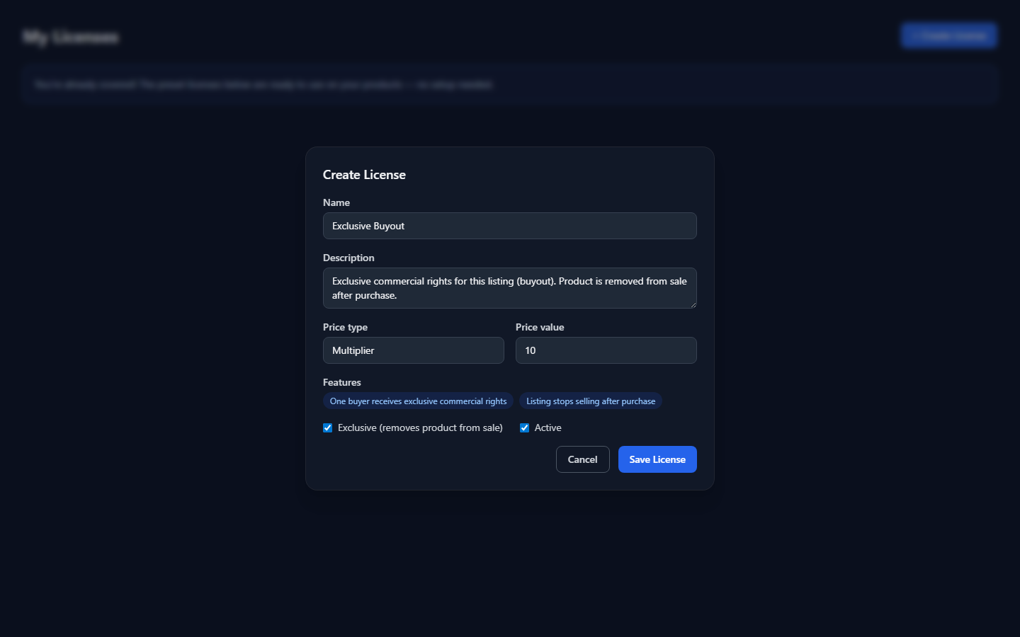 Create License modal with Exclusive (removes product from sale) checked.