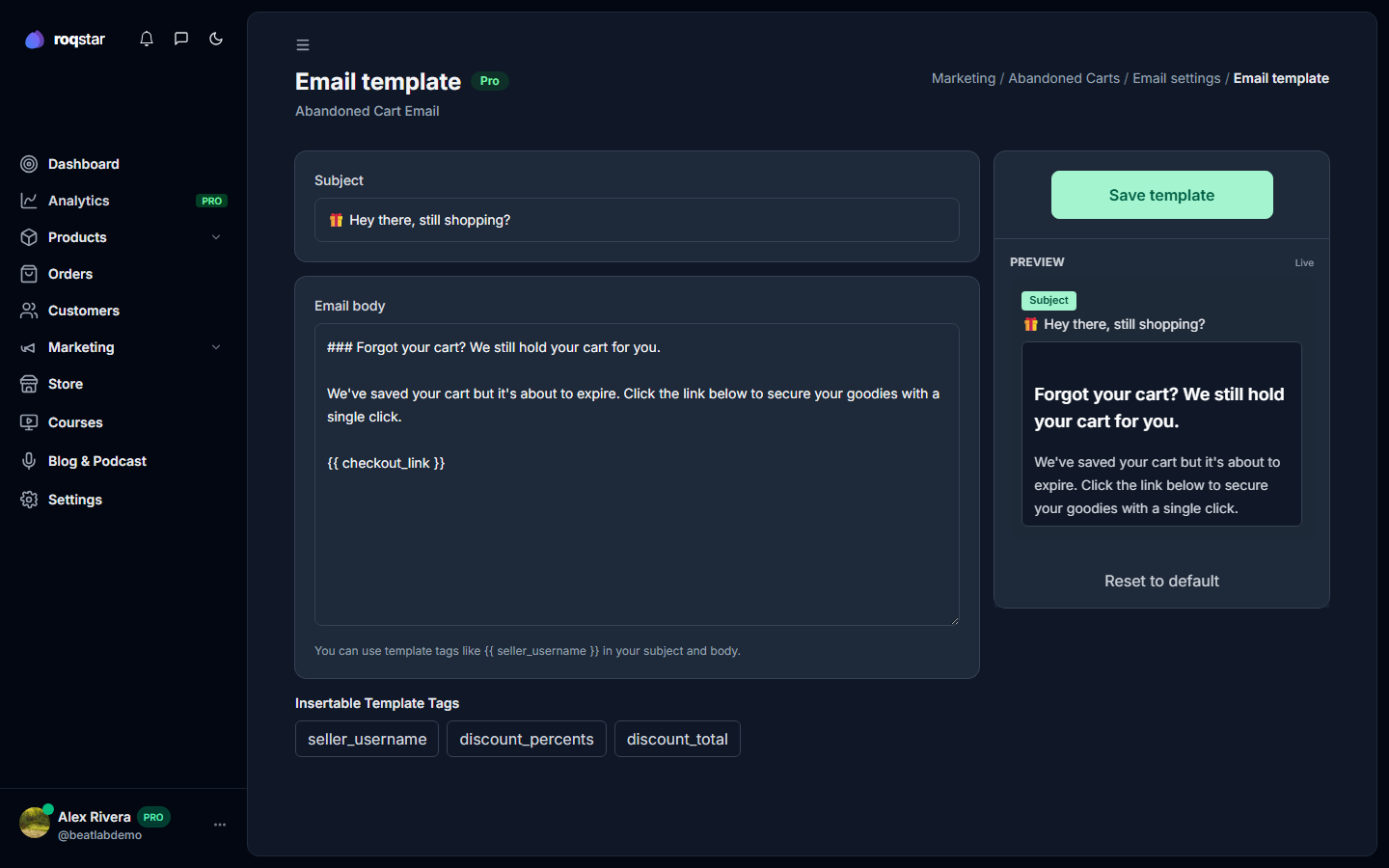 Abandoned cart email template editor with preview.