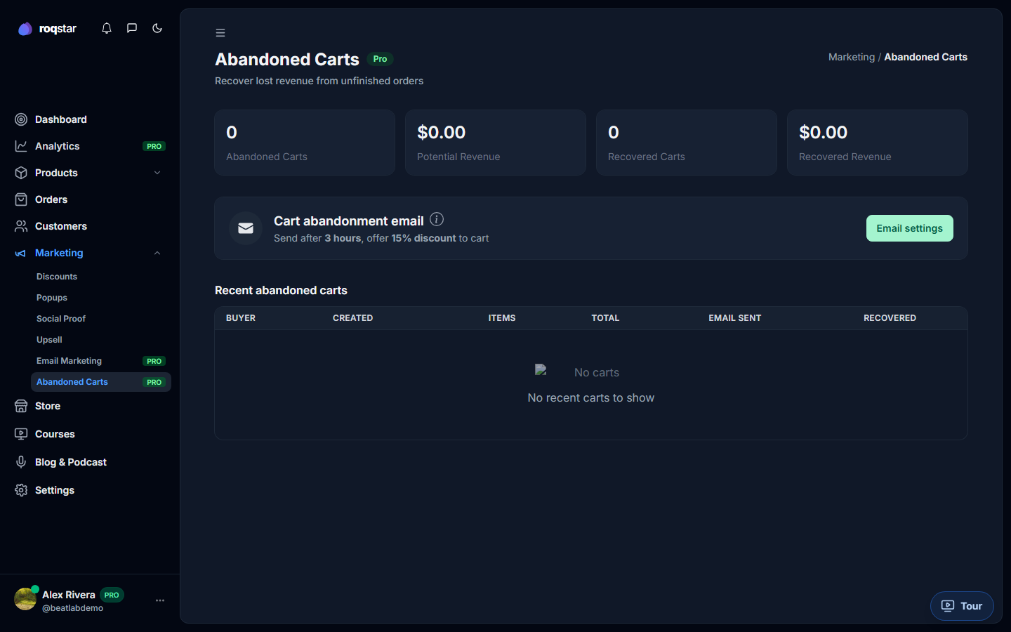 Abandoned carts dashboard with KPIs and cart list.
