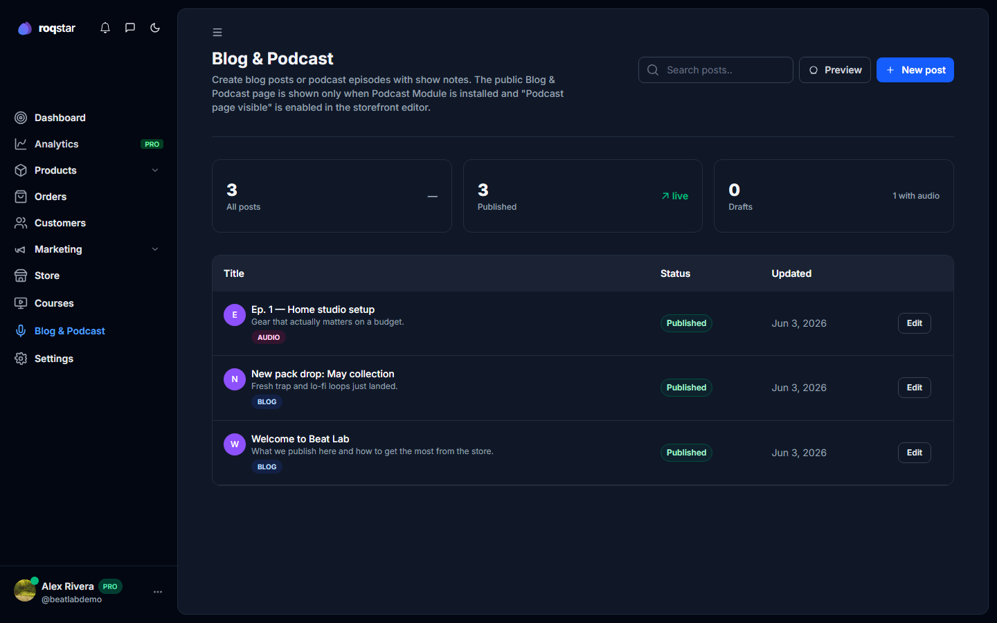 Blog and podcast post list in the seller area.
