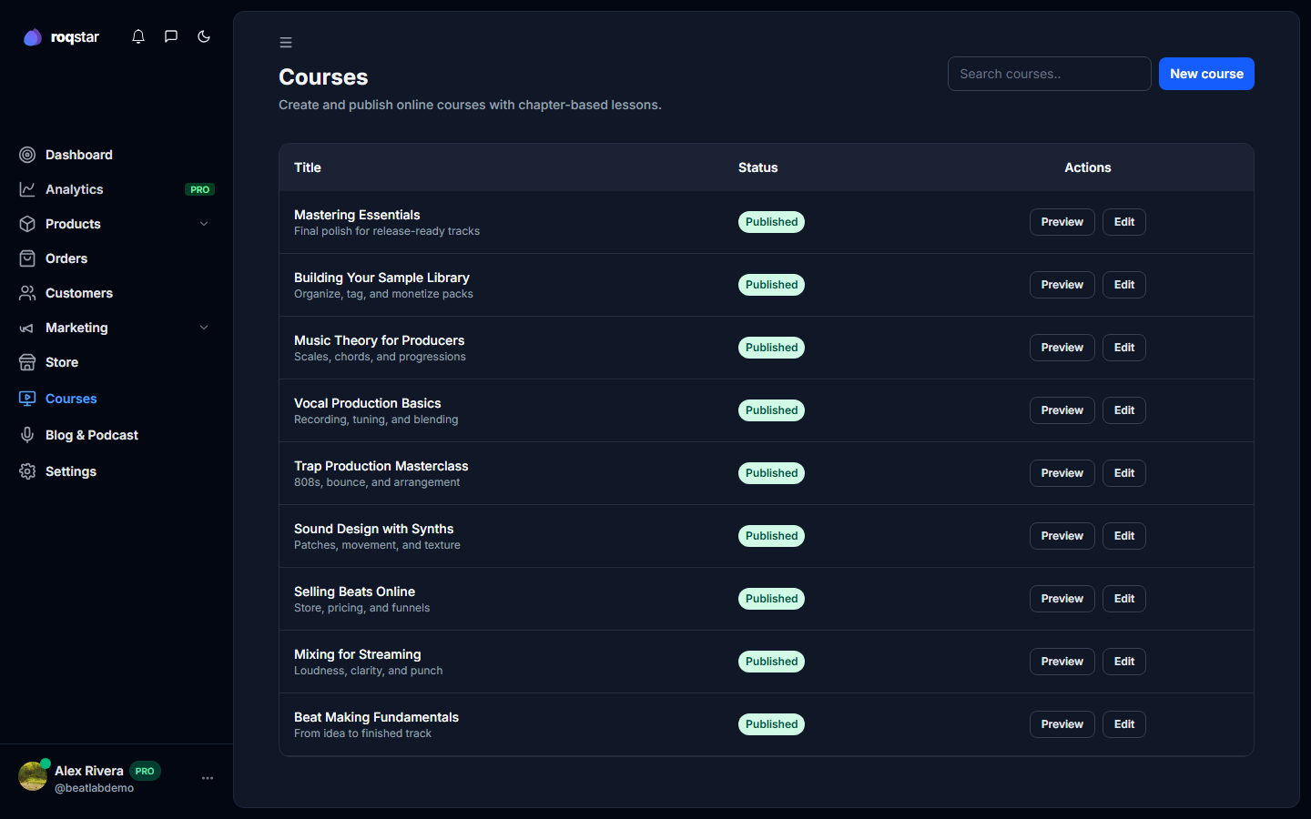 Seller courses list.