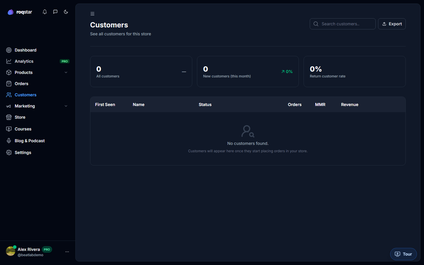 Customers list with stats and newsletter status.