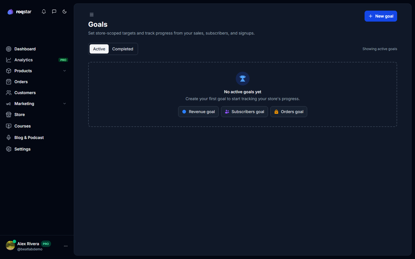 Goals page with progress rings and target list.