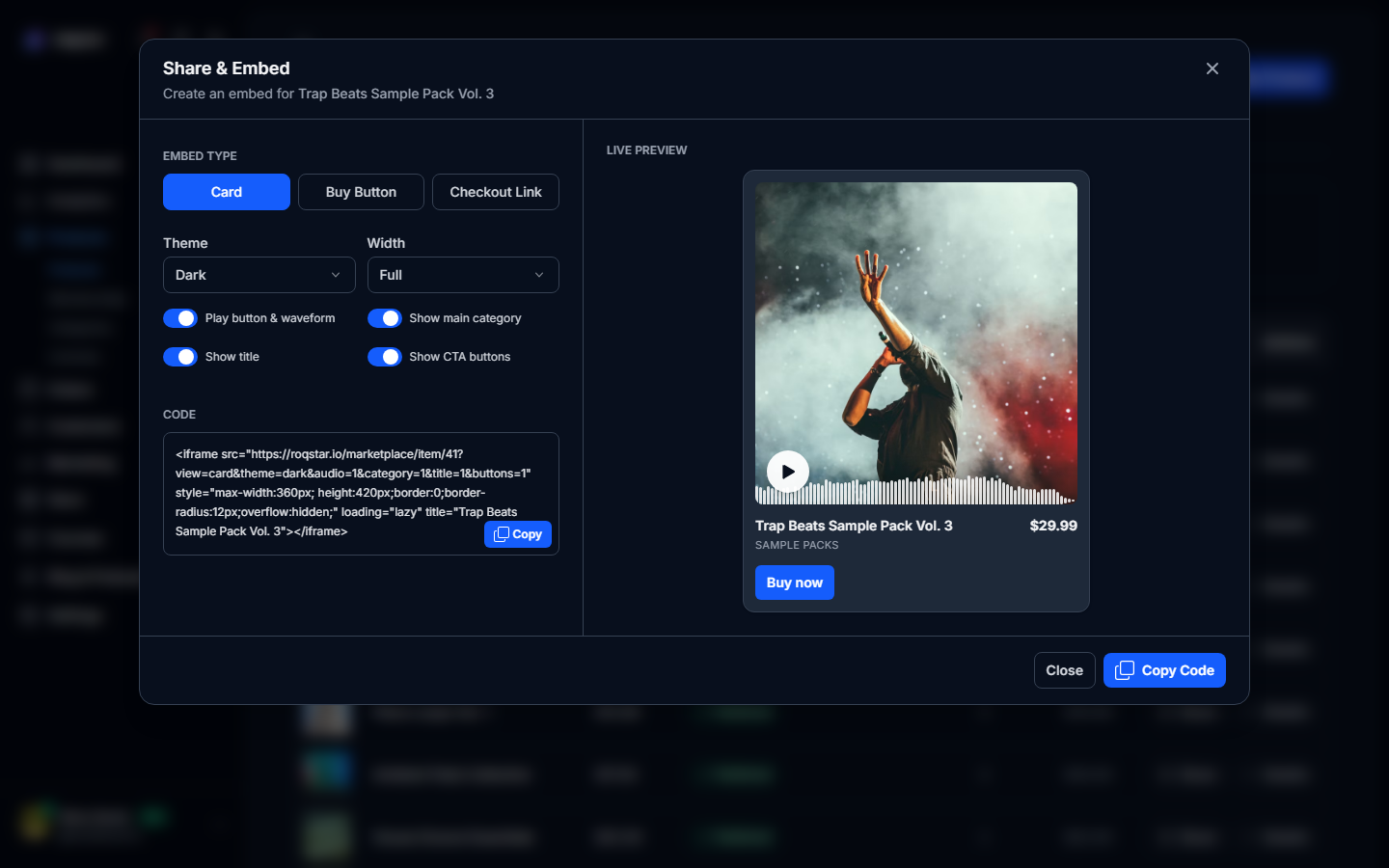 Share and Embed modal with card, button, and checkout options.