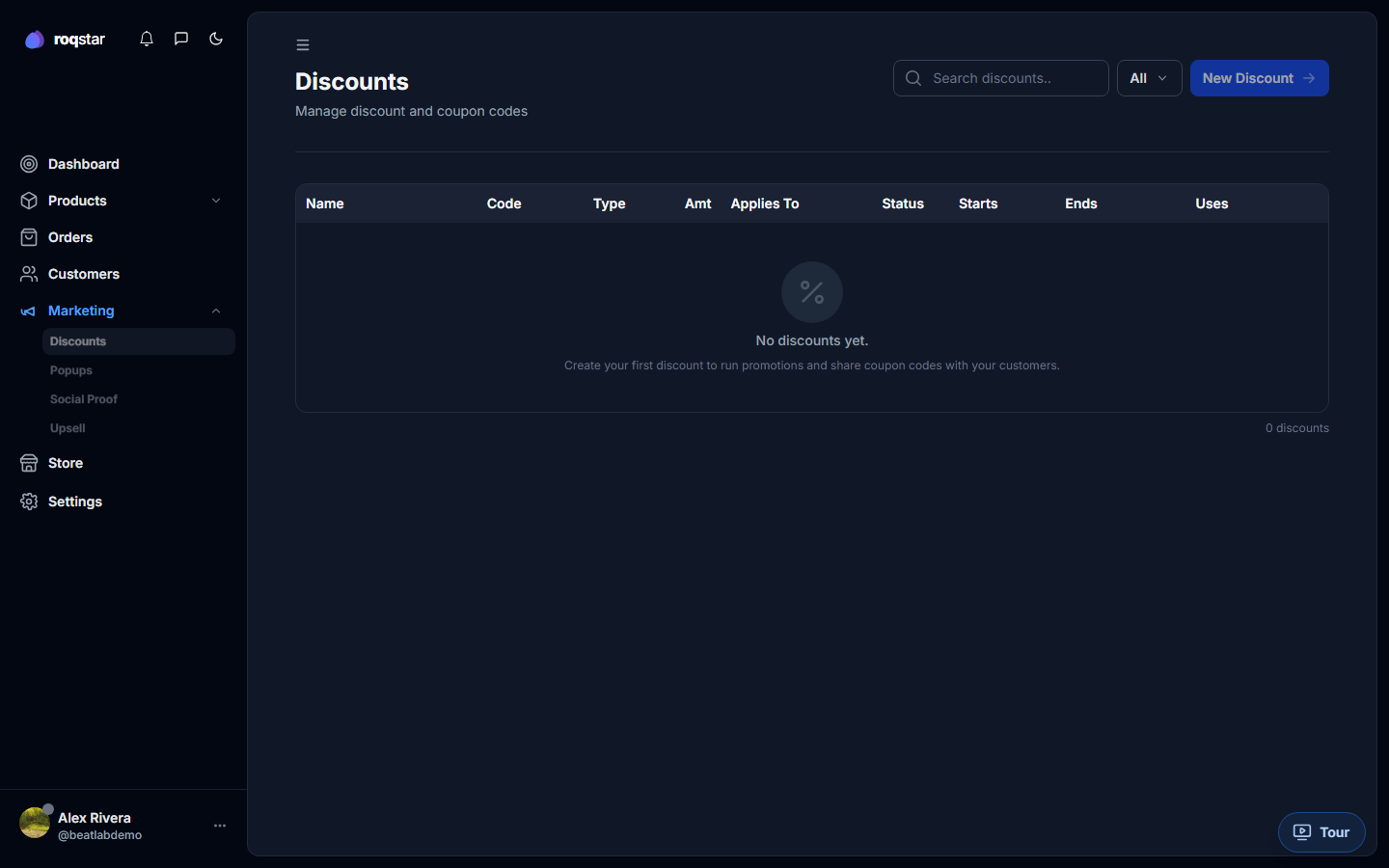 Expanded Marketing submenu in the seller navigation.
