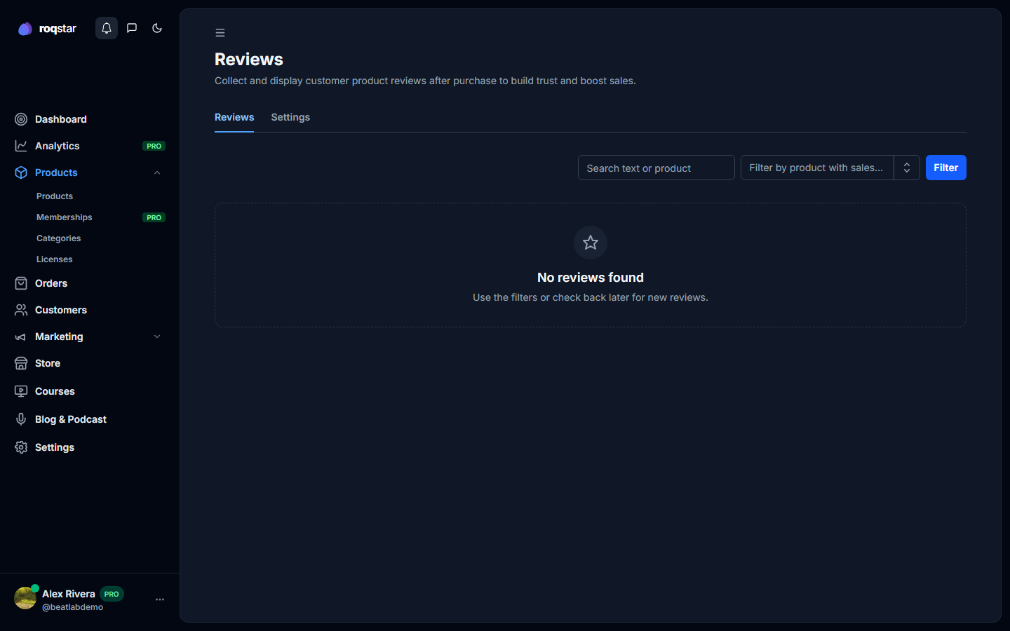 Reviews moderation list with rating, buyer, and status.