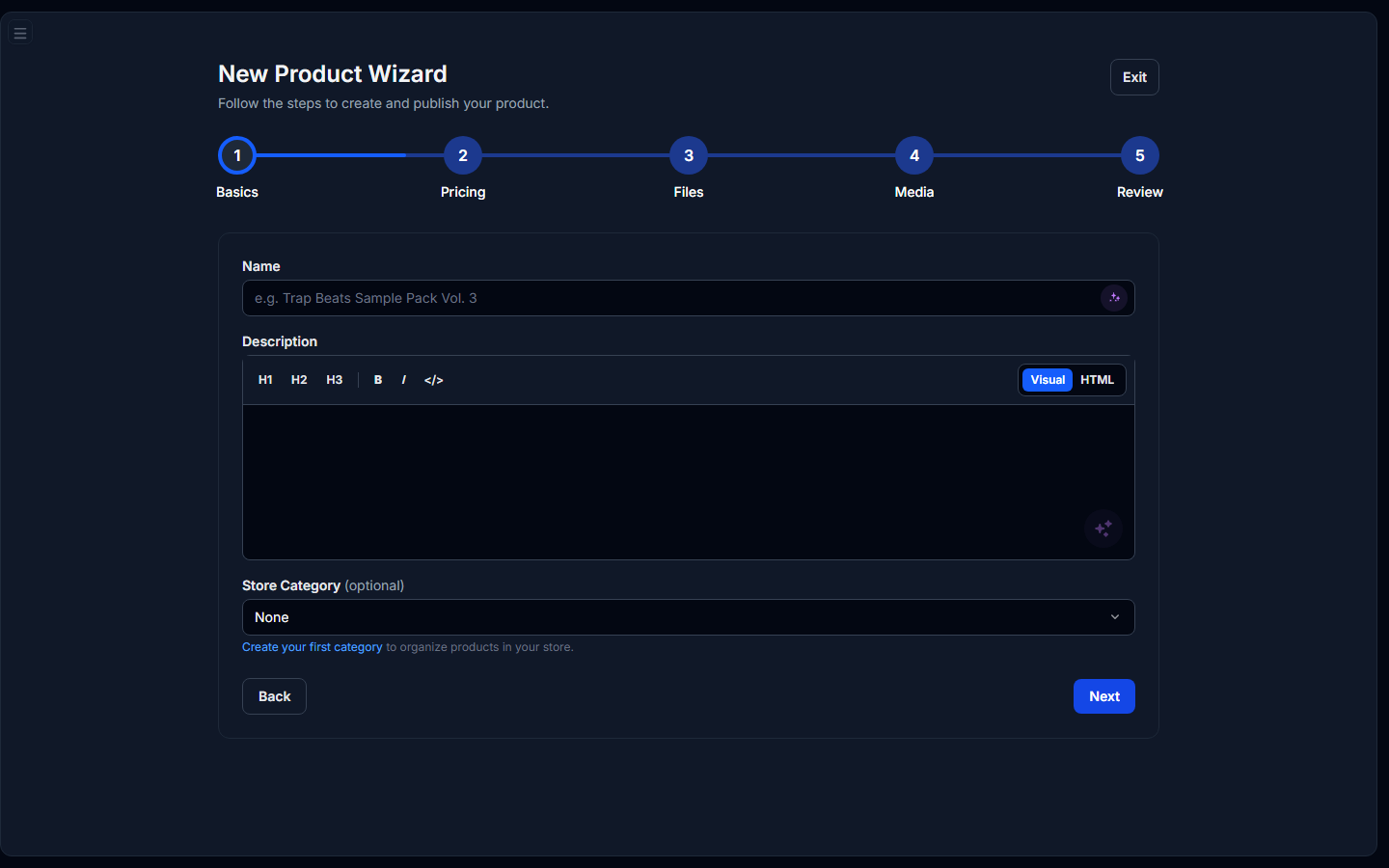 Product wizard Basics step with name, description, and category fields filled in.