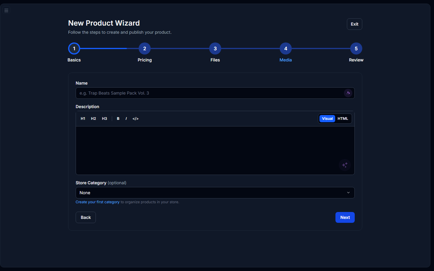 Product wizard Media step with product images and an audio demo showing a waveform preview.