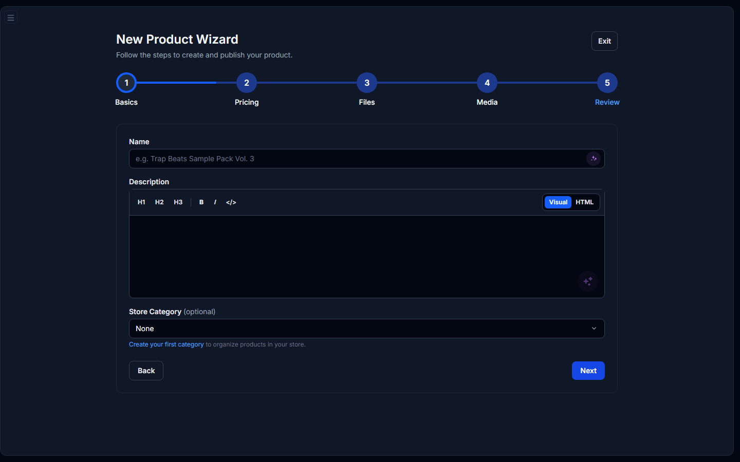 Product wizard Review step summarizing all fields before publish.