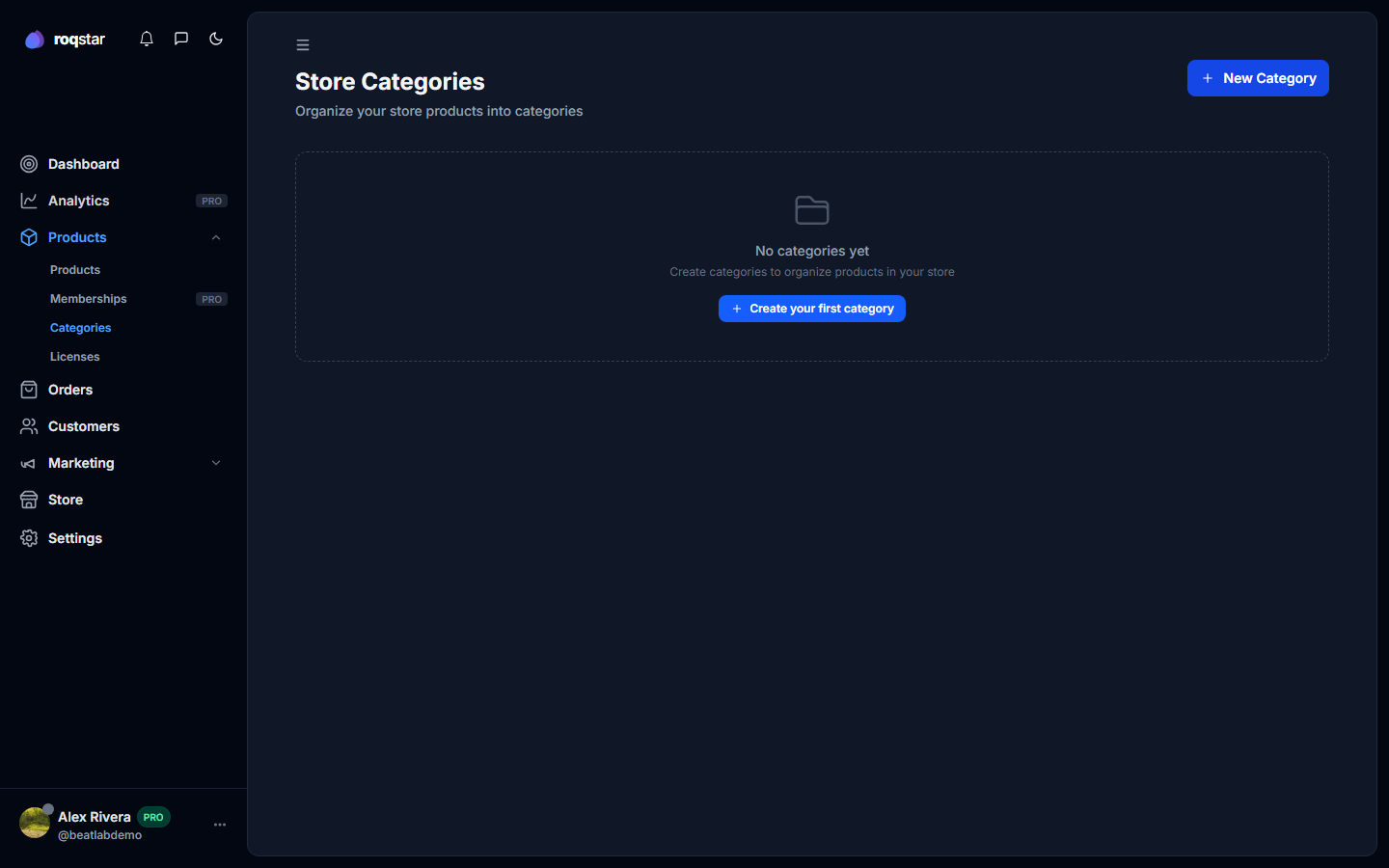 Store categories list.