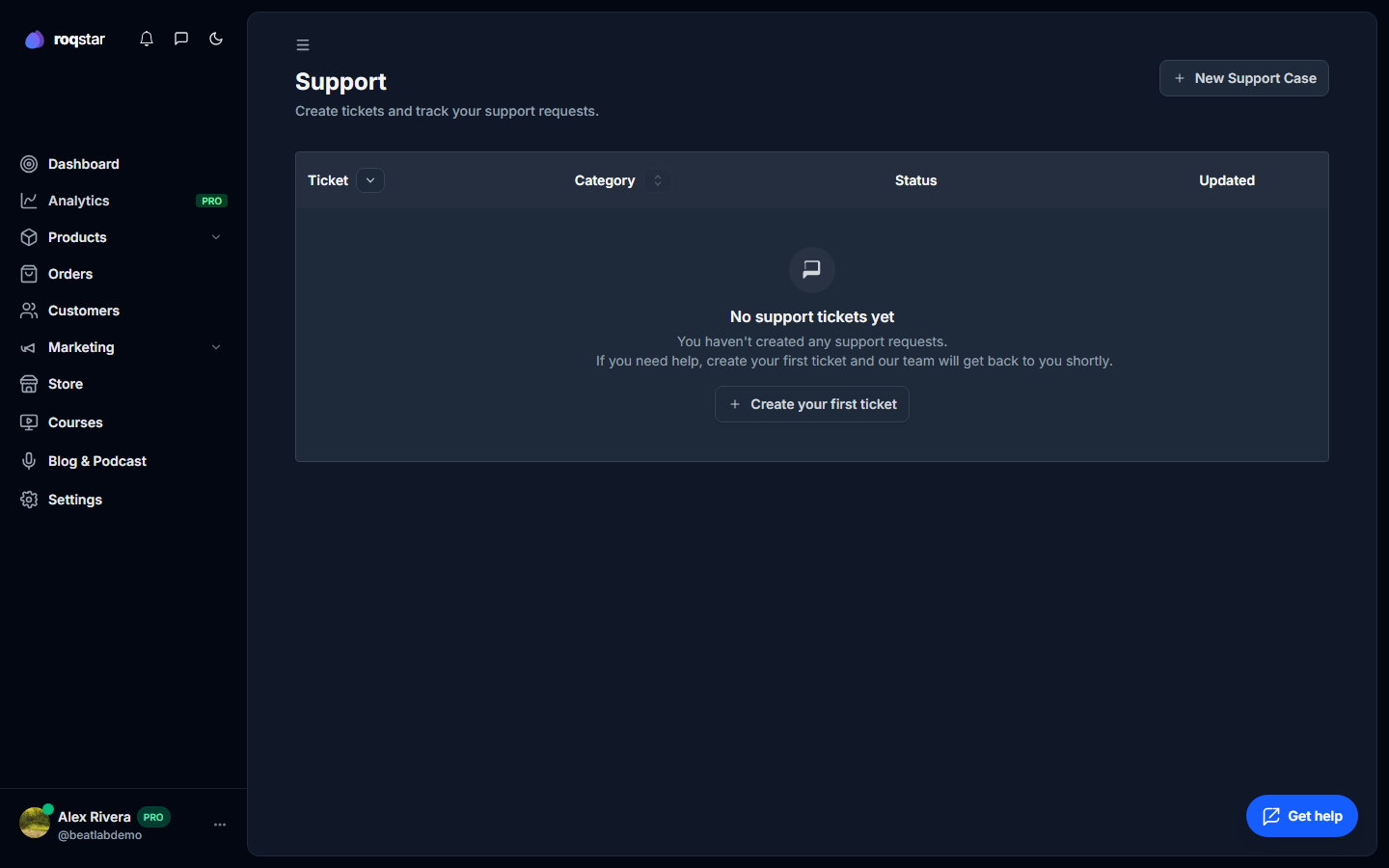 Support tickets list.