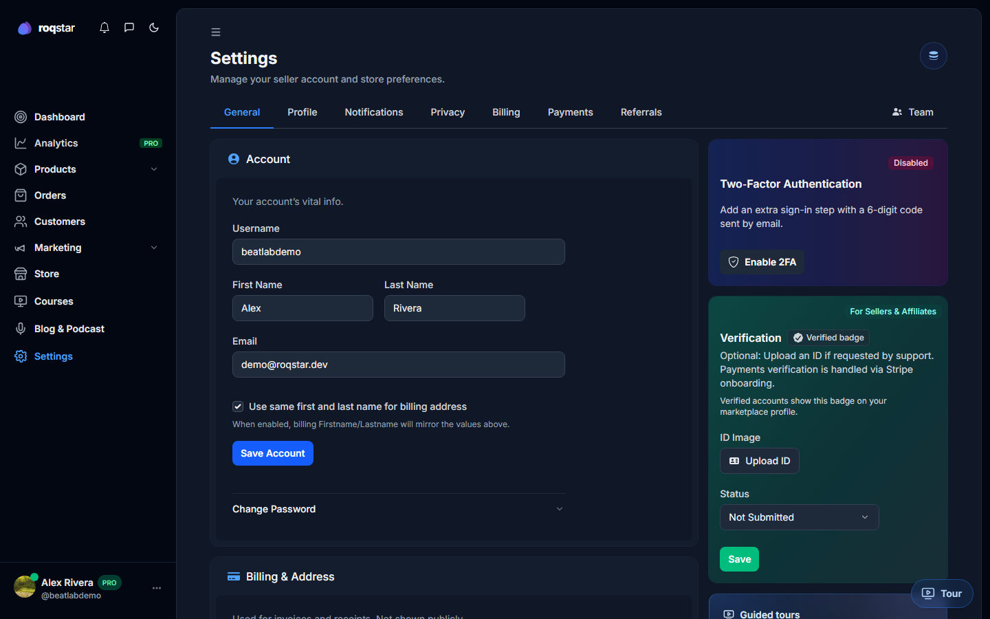 Settings General tab with account form and security cards.