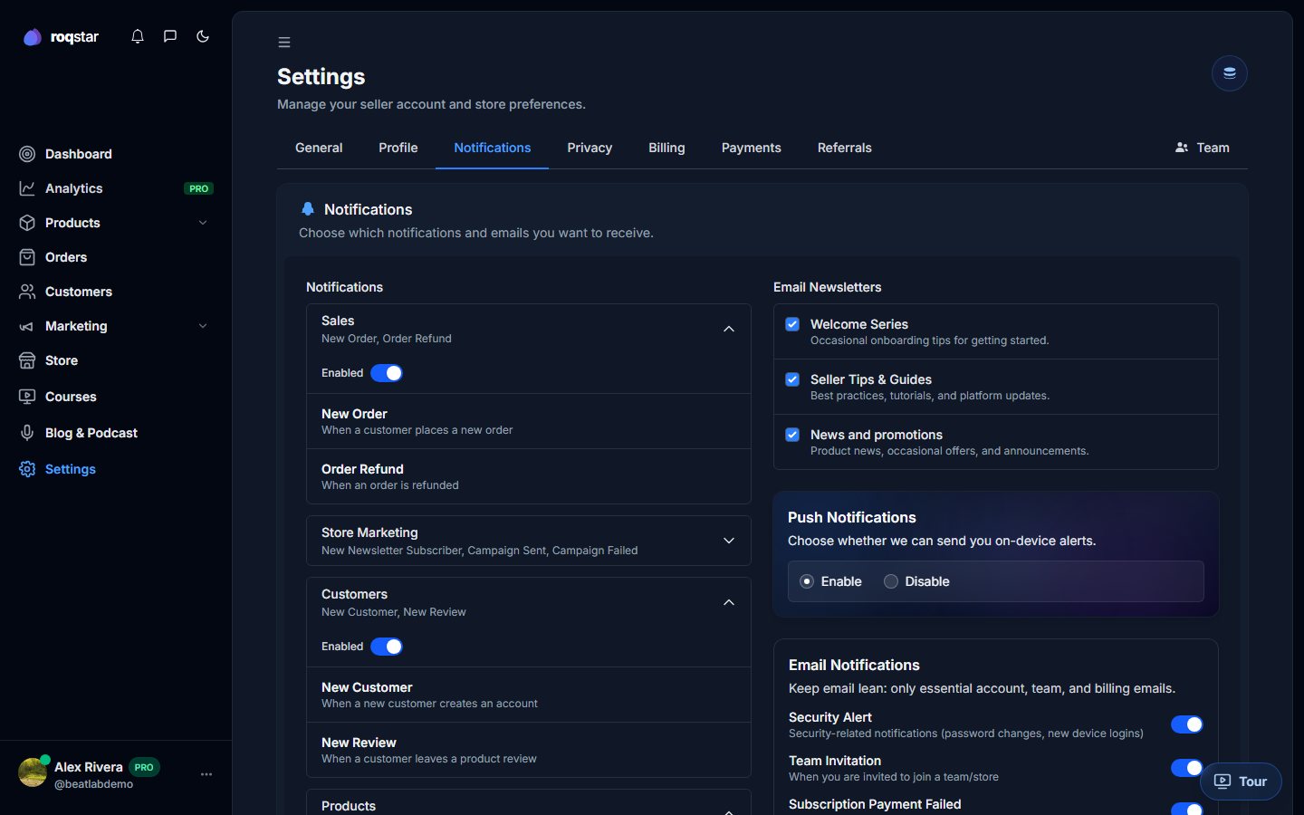 Notifications settings with category toggles.