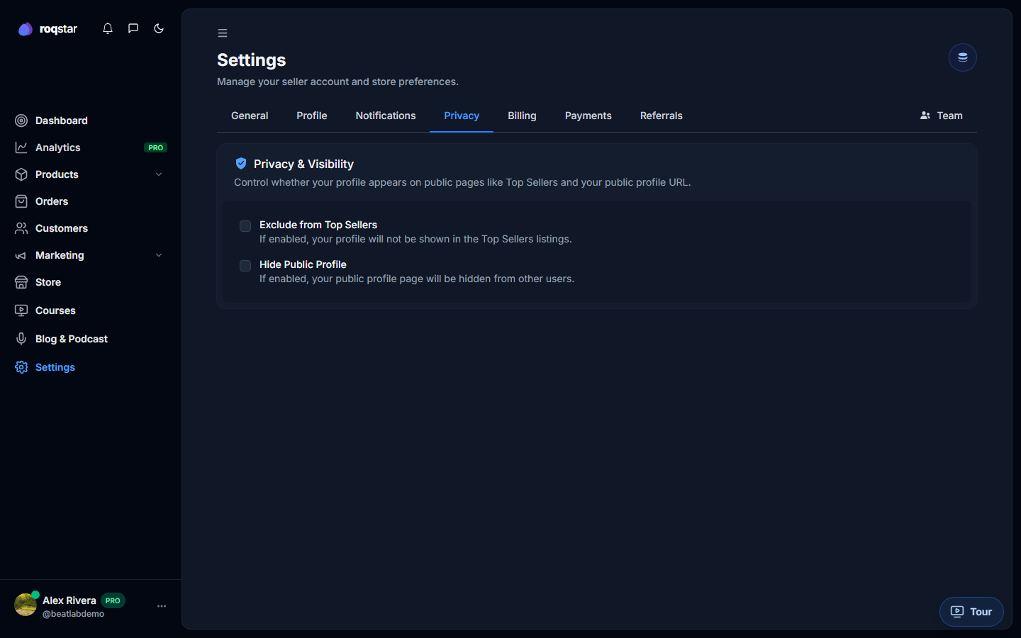 Privacy tab with marketplace toggles.