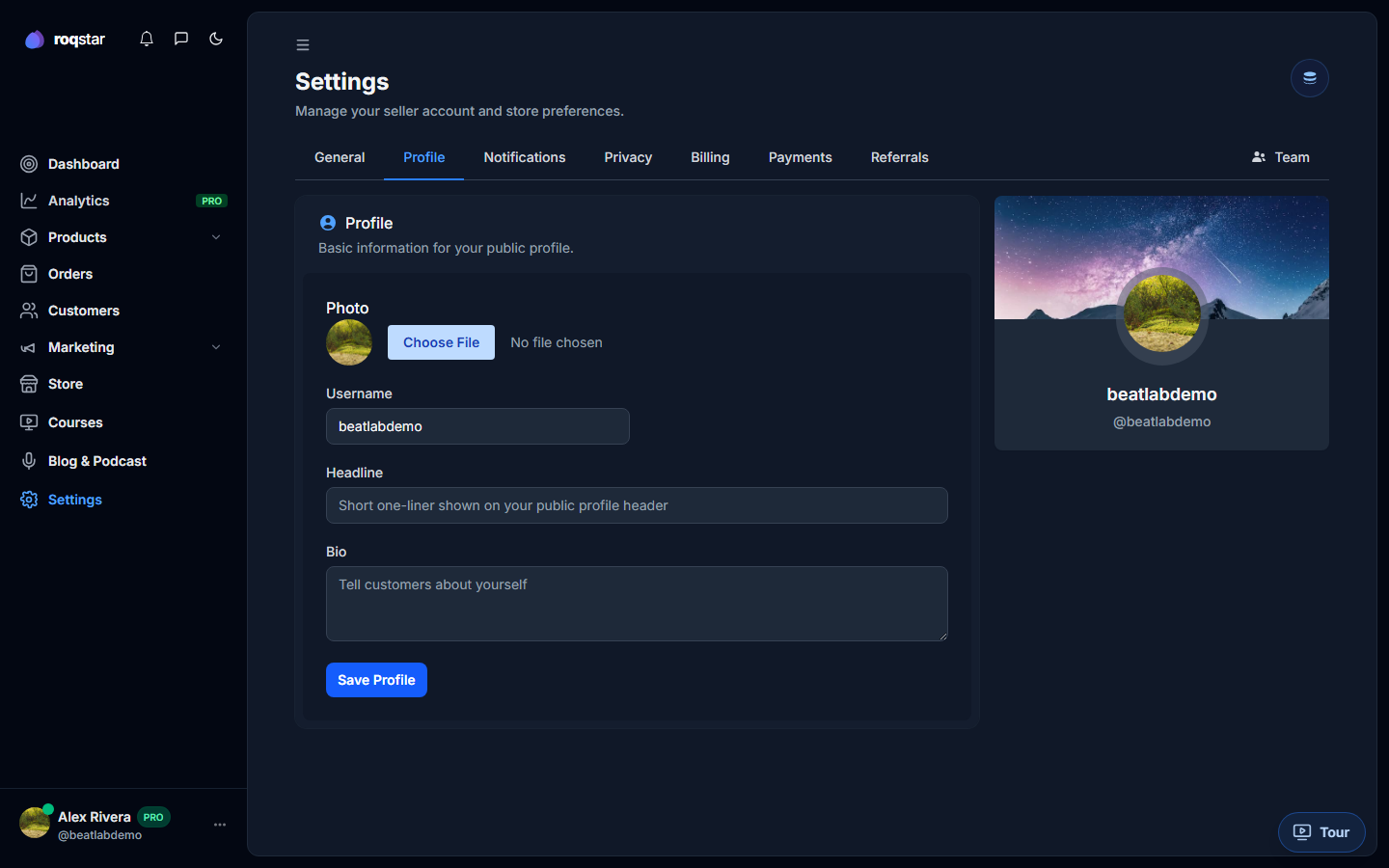 Settings Profile tab with avatar, headline, and bio fields.