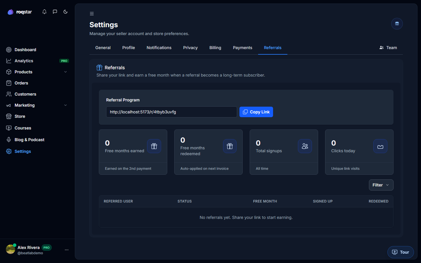Referrals tab with link copy and stats.