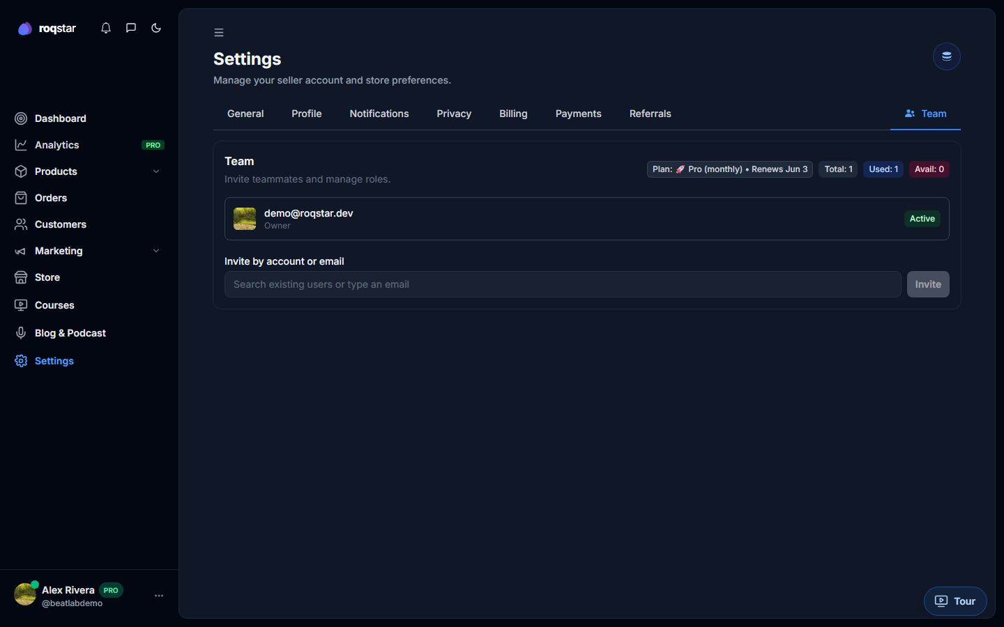 Invite team member modal with email field.