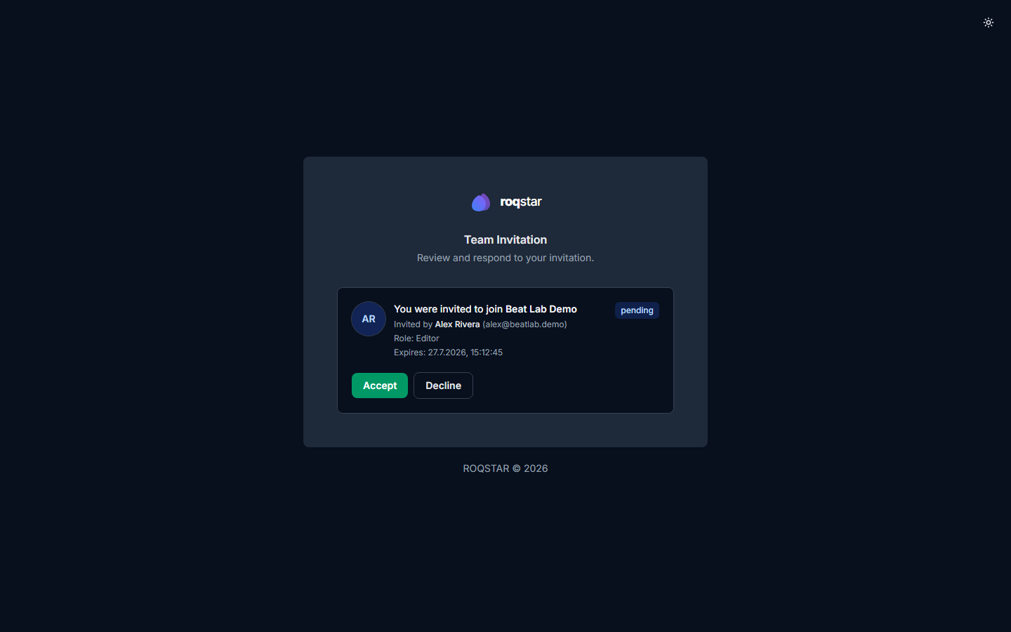 Team invitation page with owner profile and Accept Decline actions.