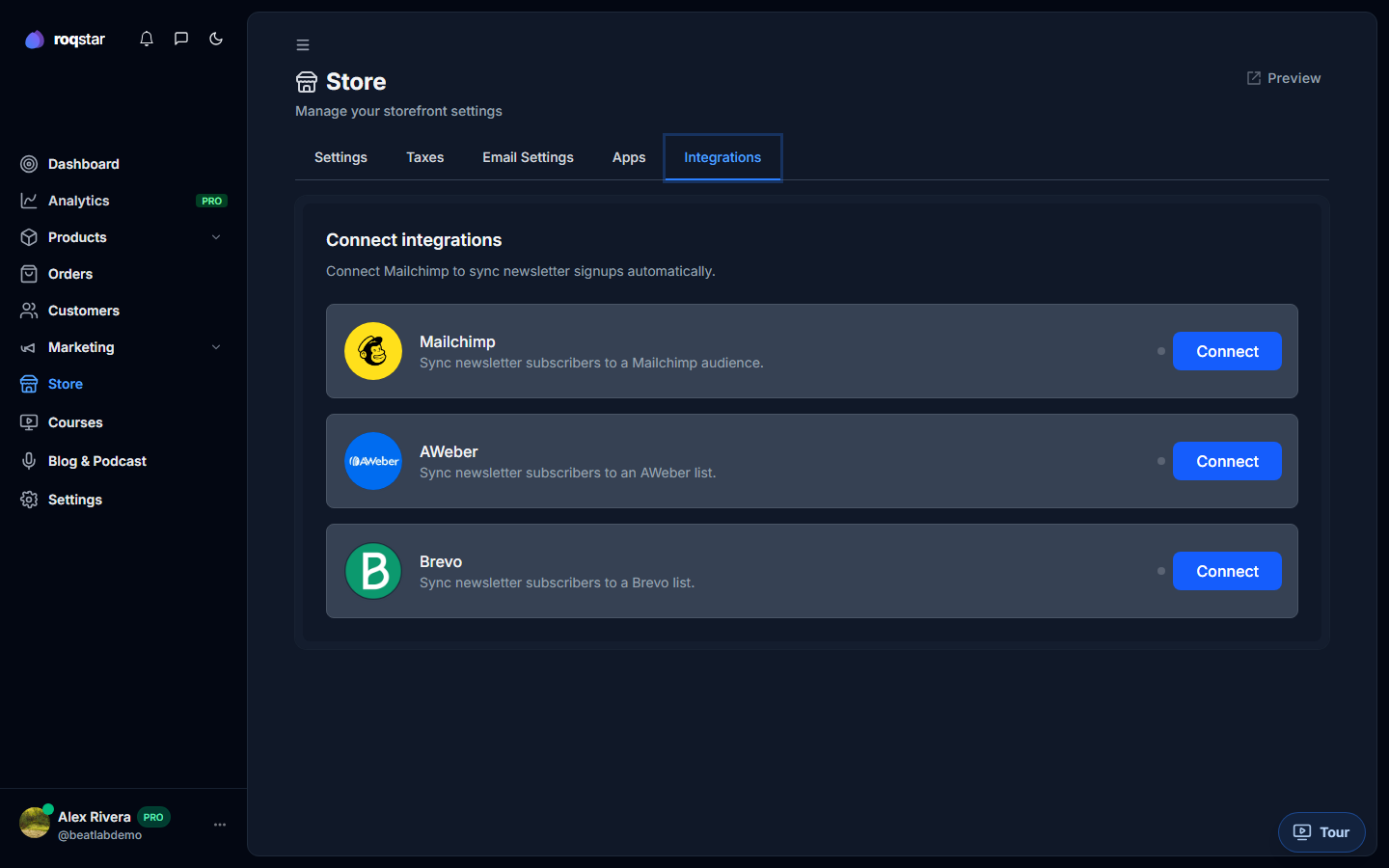 Store Integrations tab with ESP cards.