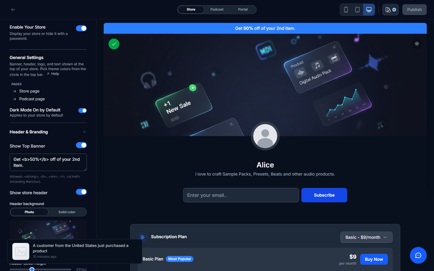 Storefront visual editor with settings sidebar and live preview.