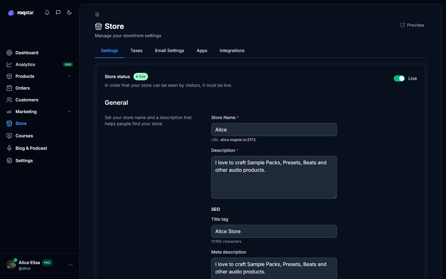 Seller Store settings hub with tabs.