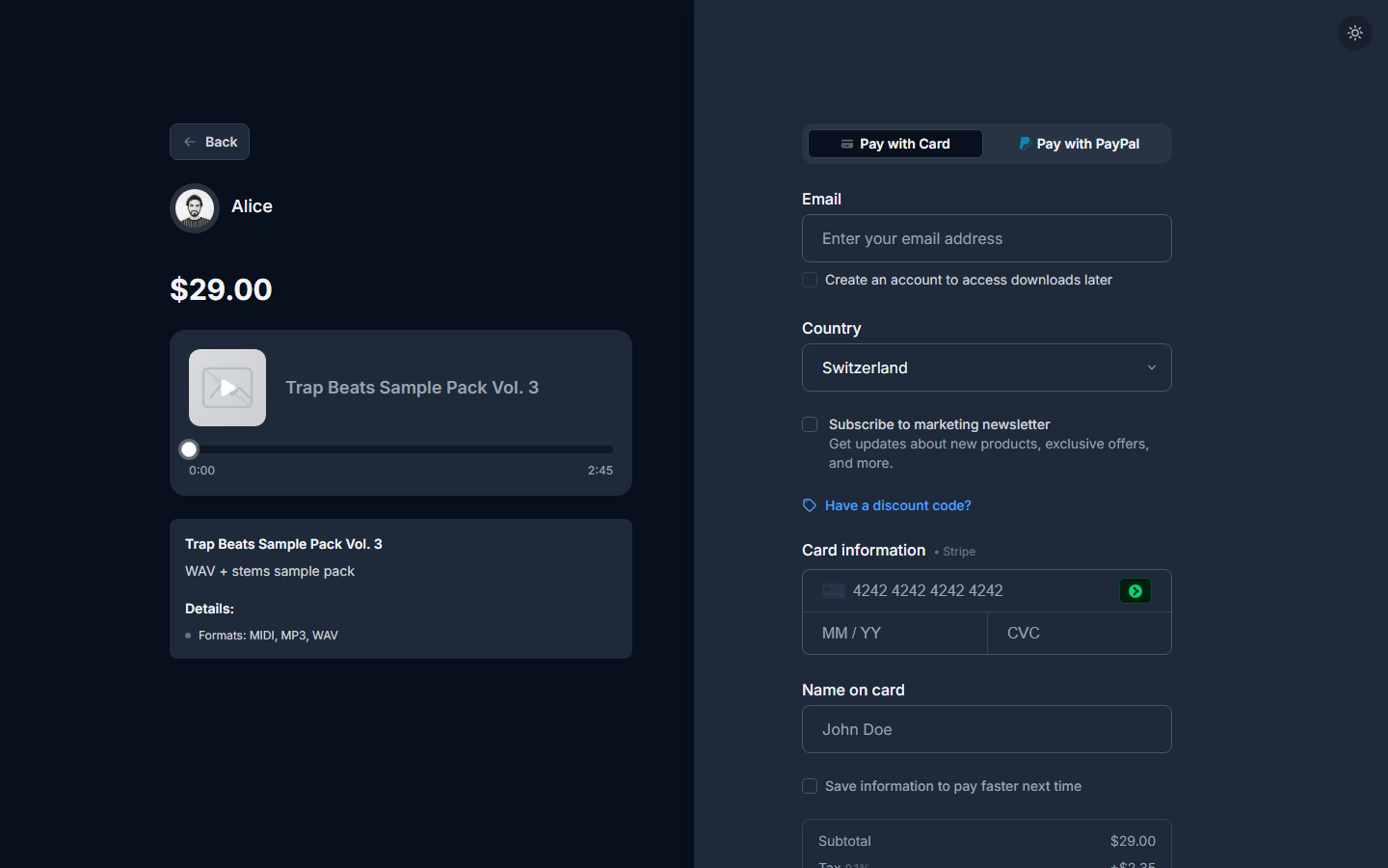 Storefront checkout with product summary and payment form.