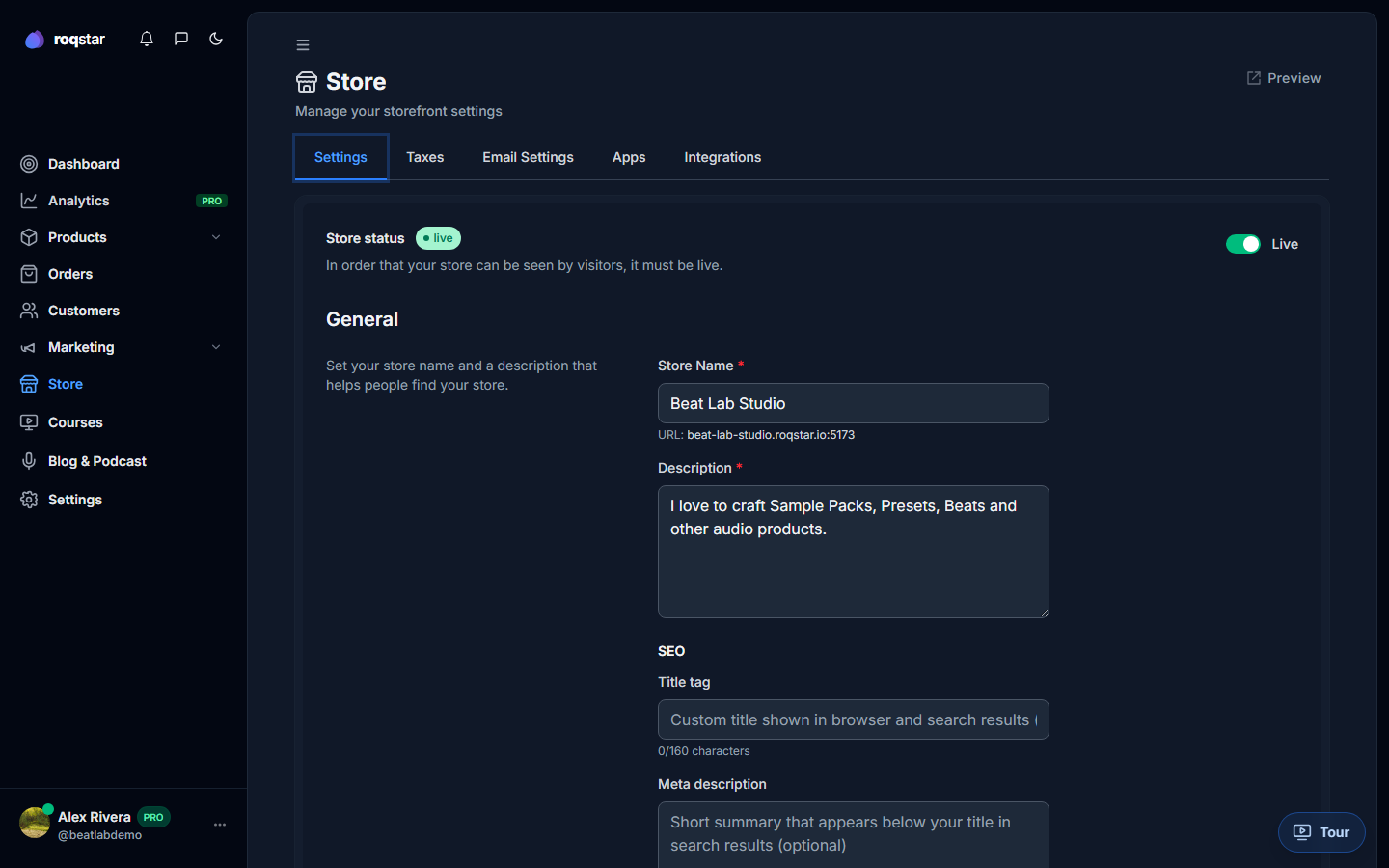 Store Live/Offline toggle with status pill annotated.