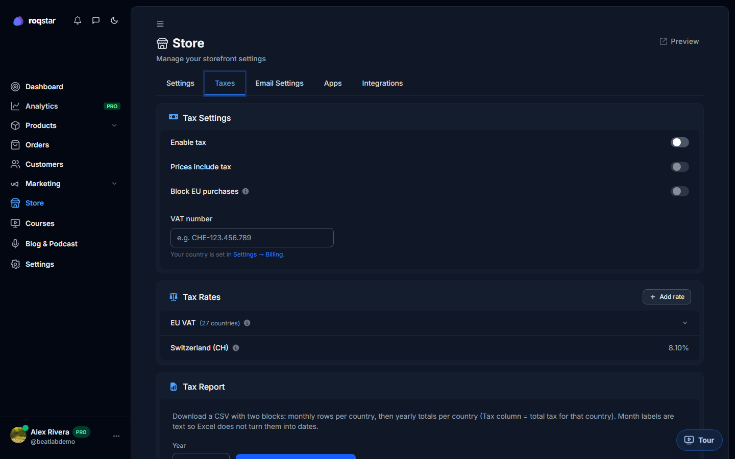 Store Taxes with toggles and tax rules table.