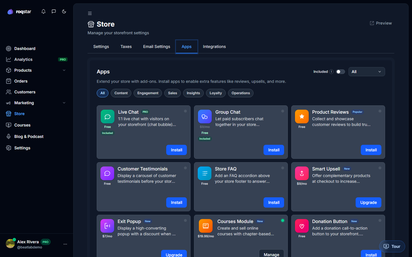 Storefront with app features such as chat, FAQ, or reviews visible to buyers.