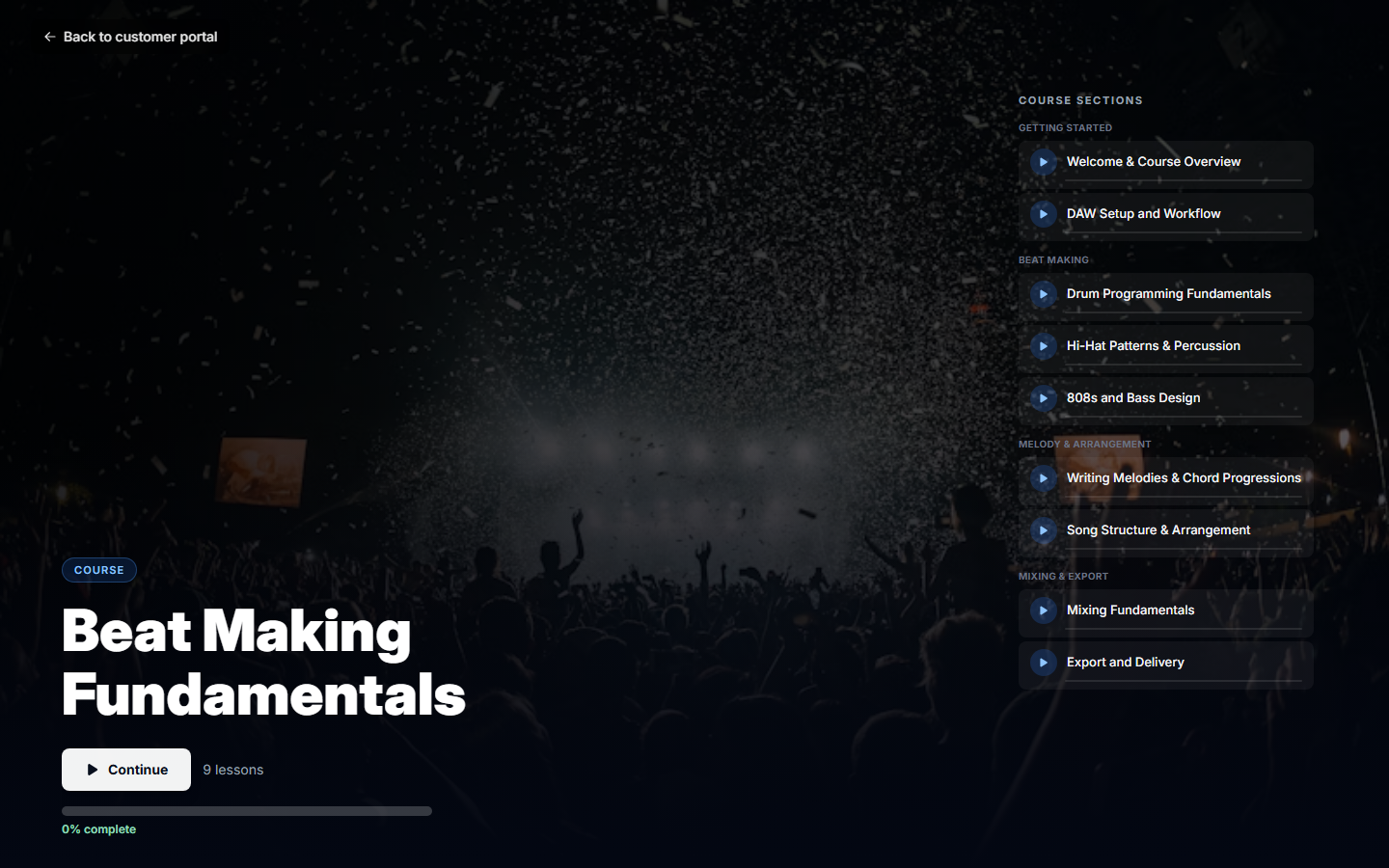 Beat Making Fundamentals course overview with concert hero and full lesson list.