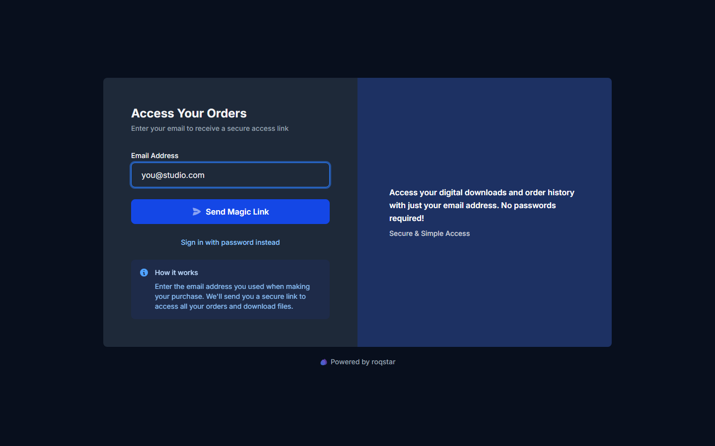 Customer Portal login asking for email to send a magic link.