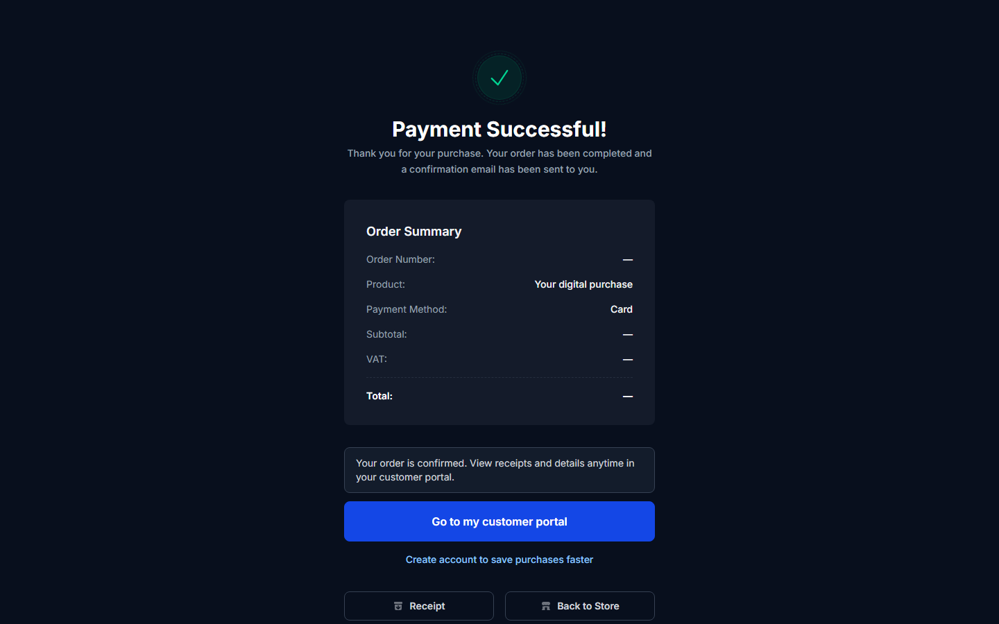 Order success page with order number and download links.